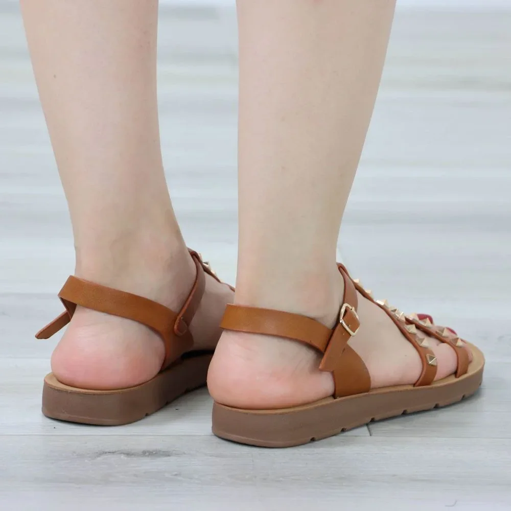 Tan Metal Stud Trendy Comfy Flat Gladiator Sandal Slip On Sliders - Picture 6 of 13